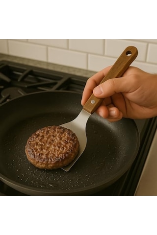 Ahşap Saplı Paslanmaz Çelik Spatula 24cm Eğilimli Çok Amaçlı Mutfak Spatulası Izgara, Burger, Sebze, Temizlik İçin Profesyonel Metal Spatula 0