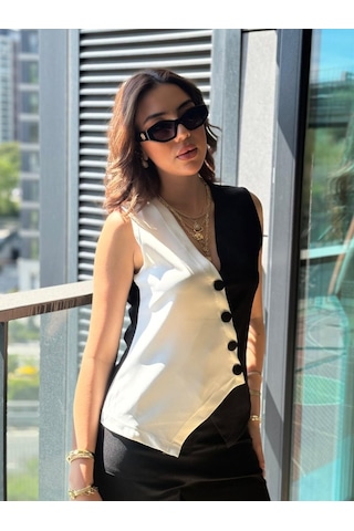 Efnaz Style Kadın Sıfır Kol V Yakalı Düğmeli Blok Renkli Atlas Yelek Siyah