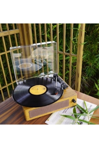 Omix Fm-108 Açık Kahverengi Hoparlörlü Bluetoothlu Pikap Plak Çalar Kahverengi