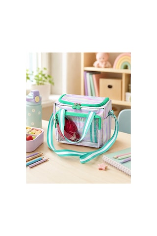 Çocuk Termal Okul Beslenme Çantası Şeffaf Cepli Peluş Aksesuarlı Omuz Askılı Lunch Bag Multi