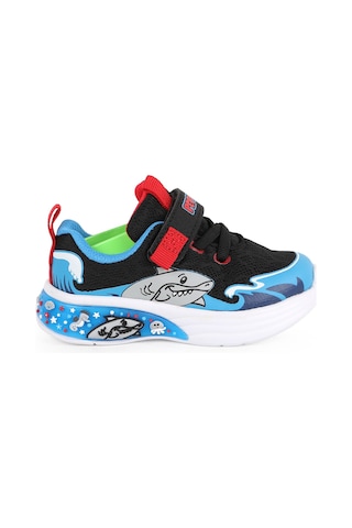 Pepino Bebek Spor Ayakkabı Sevimli Köpek Balığı Desenli Cırt Cırtlı Esnek Bağcıklı Hafif Işıklı Taban Sneaker 2255 Siyah-saks