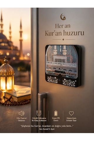Hicr Suresi Dinleme Cihazı Manyetik Buzdolabı Magneti Tek Tuşla Kur An Usb Şarjlı Manevi Hediye Siyah