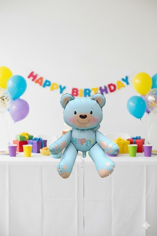 51x54 Cm Oturan Ayı Mavi Folyo Balon - Doğum Günü Parti Dekorasyon Balonu Çok Renkli