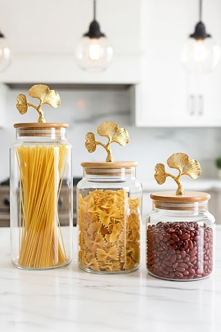 3'lü Bambu Kapaklı Metal Ginkgo Figürlü Şeffaf Cam Kavanoz Şeffaf Cam Saklama Kabı 635/890/1400ml Şeffaf