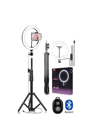 3 Renk Led Ring Light 26cm 10inç Bluetooth Kumandalı 2.1m Ayarlanır Tripot Tiktok Make Up Çekim Işık