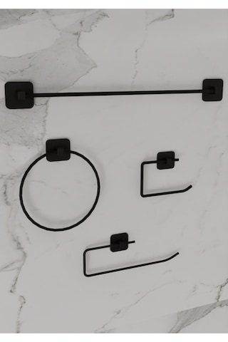 Siyah Kare Uzun Havluluk Halka Havluluk Rulo Havluluk Ve Tuvalet Kağıtlık Seti 4'lü Banyo Seti Siyah