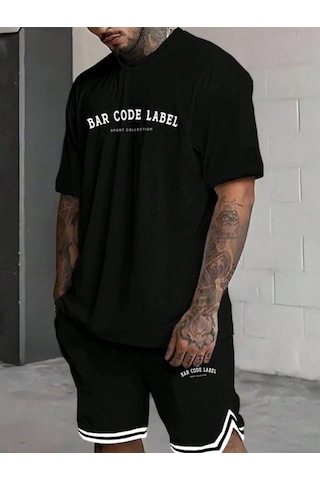 Altamira Erkek Siyah Bar Code Baskılı Şeritli Şort T-shirt Takım 001