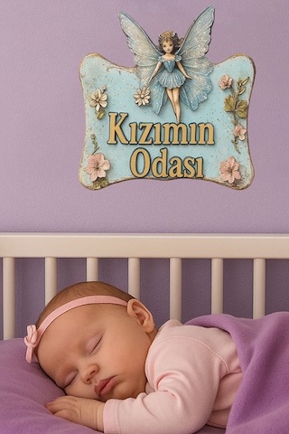 Kızımın Odası Yazılı Melek Tasarımlı Ahşap Mdf Kapı Süsü - Uv Hd Baskılı Eskitme Turkuaz