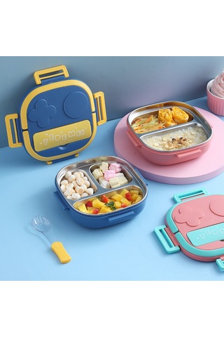 Moveevo Mavi 3 Bölmeli Çocukluk Çelik Yemek Kutusu, Kaşık Ve Tabaklı Pratik Mutfak Seti - Ev Kullanıma Uygun, Dayanıklı Ve Kolay Kullanım MAvi