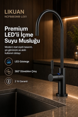 Likuan Ncp8883cp Premium Krom İçme Suyu Arıtma Musluğu Led Siz Kuğu Boyun Siyah