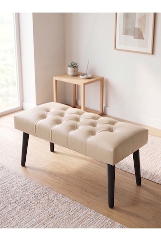 Modern Kapitoneli Krem Deri Kumaş Bench Puf Oturma Bankı Ahşap Siyah Ayaklı Demonte 90x45