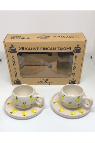 El Yapımı Limon Desenli 2'li Kahve Fincan Takımı Çok Renkli