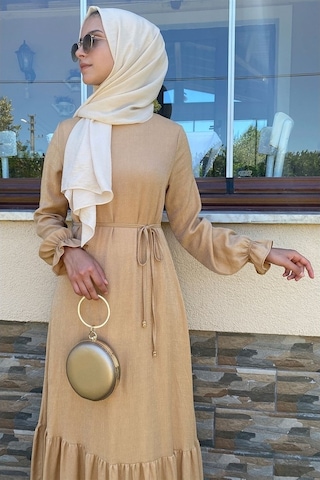 Rabia Şamlı Duru Simli Camel Elbise Bej