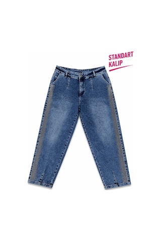 Battal Mom Kesim Yan Şerit Detaylı Denim Kadın Pantolon Lacivert