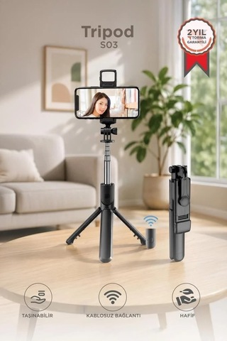 Telefon Aleti Kayıt Aksesuarı Tripod Çok Amaçlı Kumandalı Kablosuz Selfie Çubuğu S03 Siyah