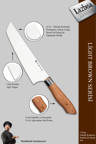 Light Brown Serisi Mutfak Bıçak Et Sebze 3 Lü Şef Bıçağı Mft-749 Kahverengi