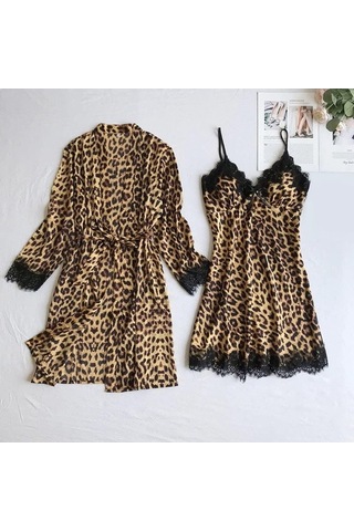 Flybuy Kadın İpek Pijama Takımı Saten V Yaka, Rahat Uzun Kollu, Soğuk Geçirmez Kahverengi