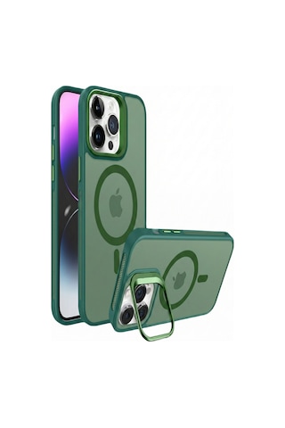 Apple Uyumlu iPhone 16 Pro Max Magsafe Stantlı Premium Kılıf Lens Yeşil