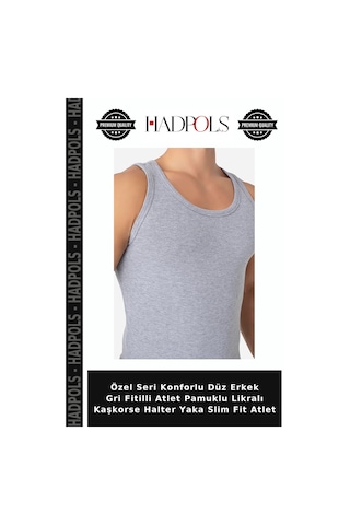 Hadpols Özel Seri Konforlu Düz Erkek Gri Fitilli Atlet Pamuklu Likralı Kaşkorse Halter Yaka Slim Fit Atlet