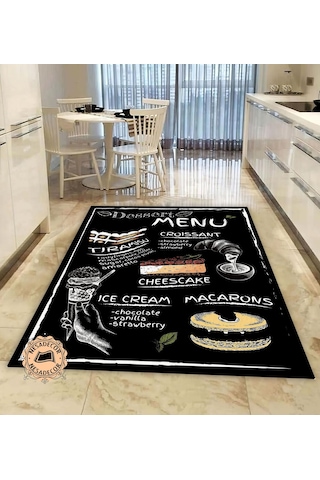 Menu Desenli Dekoratif Halı Makinede Yıkanabilir Yolluk Siyah