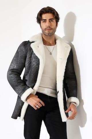 M M Marki Marki Erkek Hakiki Deri Mont, Gri Eskitme, İçi Kürklü, 85 Cm, Düğmeli, Klasik