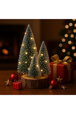 Ahşap Kütük Üzerinde 4 Lü Led Işıklı Noel Kar Efektli Çam Ağaçları Seti 23 Cm - 18 Cm - 12 Cm -13 Cm Çok Renkli