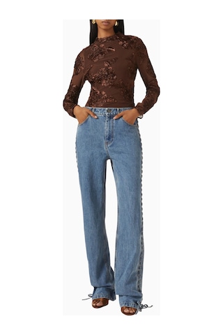 Rotate Birger Christensen Çiçek Aplikeli Fitted Mesh Kadın Üst, Şık Ve Romantik Bluz Kahverengi