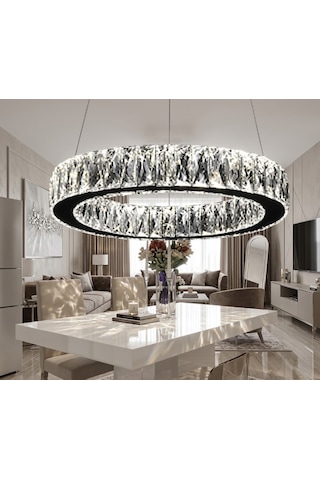 Ala Lighting Plaket Kristal Taş İşlemeli Krom Paslanmaz Tekli Led Avize - Kumandalı 3 Renk Krom Ayna