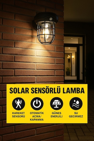 Solar Sensörlü Su Geçirmez Lamba 1200lm 3 Modlu Hareket Algılayıcı Siyah