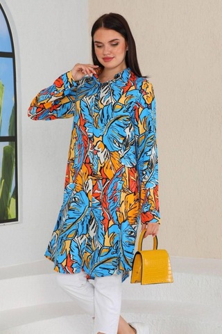 Polologin Butik Tropikal Desenli Mavi Gömlek Elbise Diğer