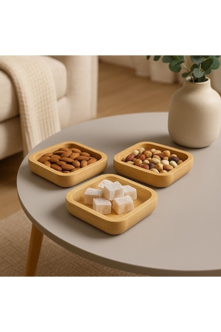 Mucit Home Bambu 3'lü Kare Çerezlik Reçellik Lokumluk Kahverengi