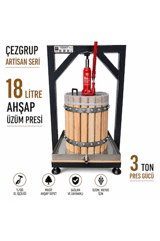 Çezgrup Artisan Seri 18 Litre Premium Ahşap Üzüm & Meyve Sıkma Presi 3 Ton Krikolu 304 Çelik Kapaklı