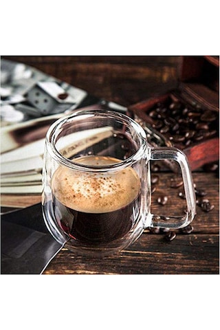 3b Trend 2 Adet Çift Cidarlı Cam Kupa Bardak Su Meşrubat Çay Saplı 250 Ml Şeffaf