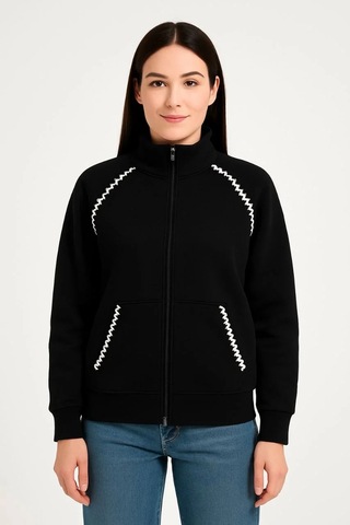 Kadın Oversize Dik Yaka Fermuarlı Sweatshirt - Zincir Nakışli Kanguru Cepli, - Siyah Siyah
