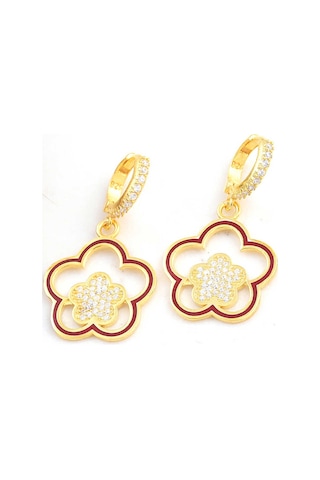 Gümüş Gold Sallantılı Çiçek Desenli Kadın Küpe Gold