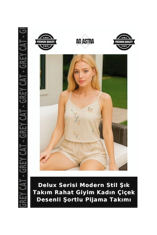 Grey Cat Delux Serisi Modern Stil Şık Takım Rahat Giyim Kadın Çiçek Desenli Şortlu Pijama Takımı Diğer