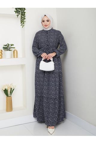 Düğme Detaylı Çiçekli Viskon Elbise - Lacivert / E0123 Lacivert