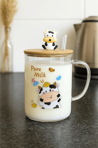 İnek Figürlü Cam Kupa Bambu Kapaklı Ve Cam Pipetli Meşrubat Bardağı - Pure Milk Şeffaf