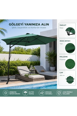 290 cm Yandan Gövdeli Bahçe Şemsiyesi Yeşil Metal İskeletli Polyester Kumaş Havuz Balkon Teras Gölgelik