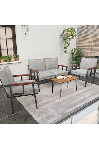 Mygusi Modern Balkon, Bahçe, Cafe - Metal Kanepe Koltuk Takımı - 2 1 1 Sehpa Hediye Açık Gri