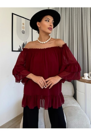 Lodmela Yaka Lastikli Şifon Bluz 6022-Bordo