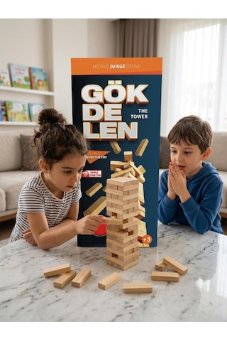 Ahşap Gökdelen Ahşap 54 Parçalı 4 Kişilik Eğitici Ve Zeka Aile Kule Denge Oyunu