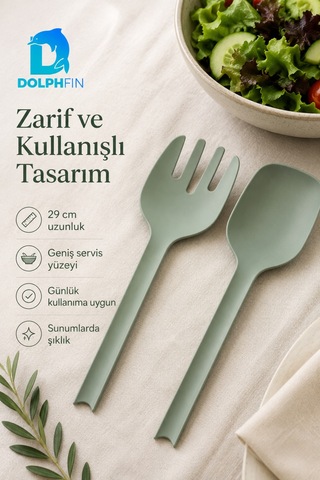 Salata Kaşık Çatal Seti 2 Li Büyük Boy 29 Cm Yeşil Plastik Servis Kaşığı Ve Çatalı