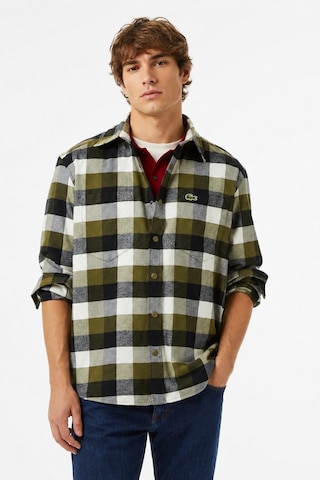 Lacoste Men's Relaxed Fit Button-down Linen Shirt Rahat Kesim Pamuklu Kareli Erkek Gömlek Haki