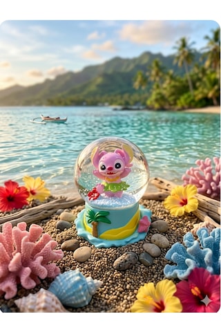 -9cm-6cm Işıklı Pembe Renk Stitch Kar Küre 9x6