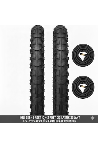 Güçlü Bisikletmotosiklet 20 Jant Lastik Seti - 2 Dış + 2 İç Lastik Oto Kalın Sibop - 20x1.75 / 2.125 Uyumlu