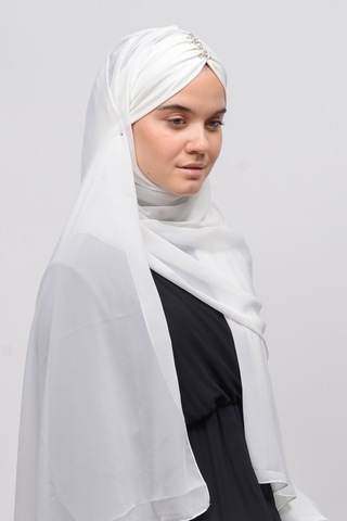Altobeh Zarif Taşlı Drapeli Hazır Pratik Şifon Kadın Tesettür Şal - Ekru