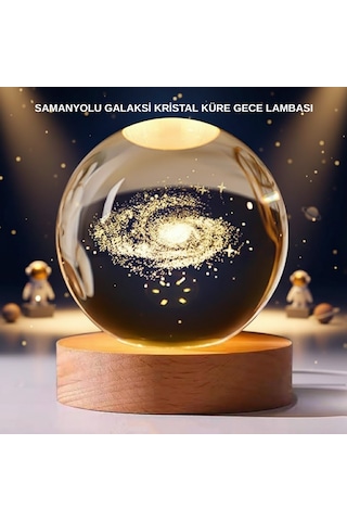 Samanyolu Desenli Kristal Küre Ahşap Standlı Gün Işığı Led Masa Lambası Açık Renk Ahşap