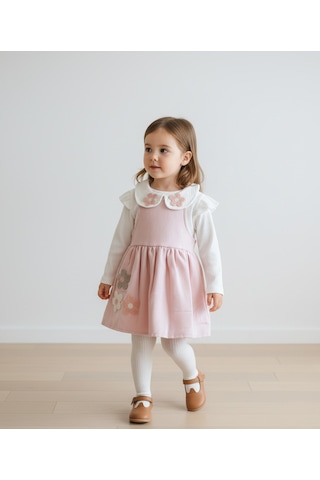 Papatya Nakışlı Bebek Yaka Süzene Elbise Pembe