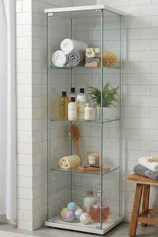 Cam Raflı Kapaklı Düzenleyici Banyo Dolabı Çok Amaçlı Lavabo Malzeme Dolap Havluluk Organizer Beyaz-3raf